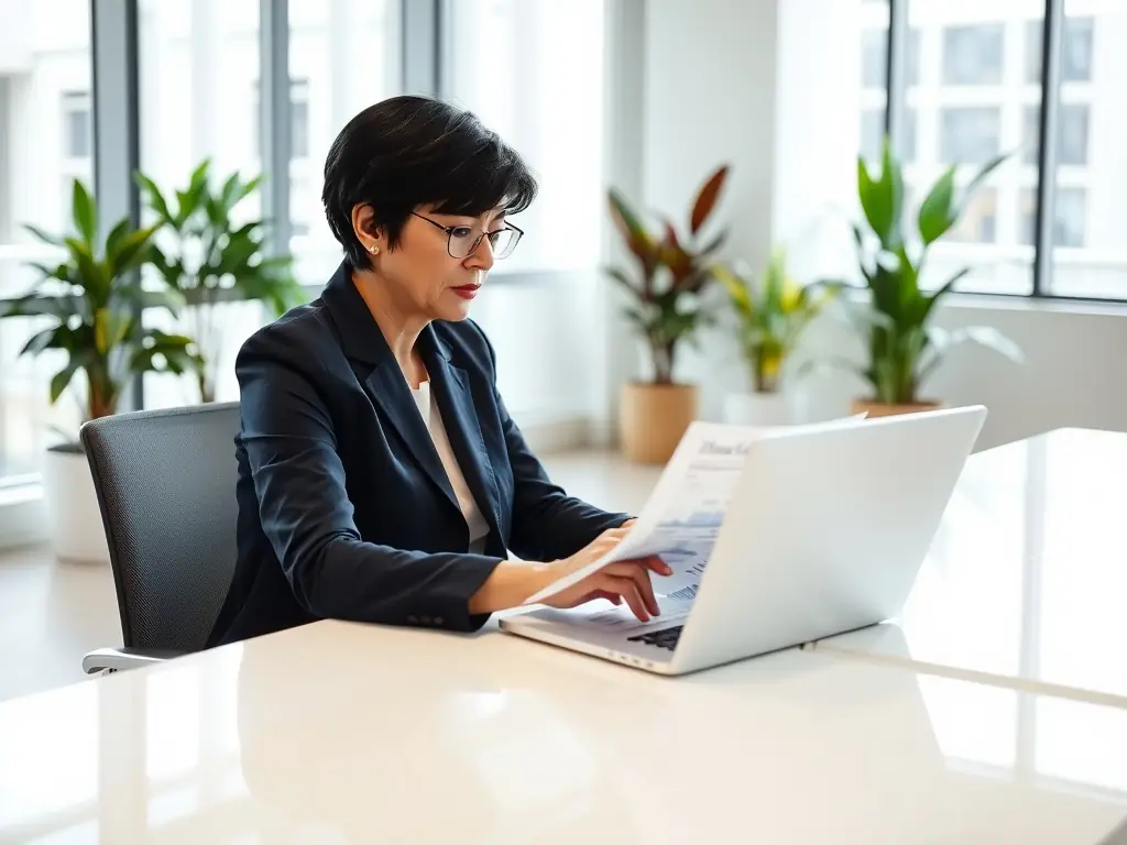 A business owner is reviewing financial reports on a tablet, analyzing the benefits of EpaymentAmerica's personal loan options for business growth and expansion.