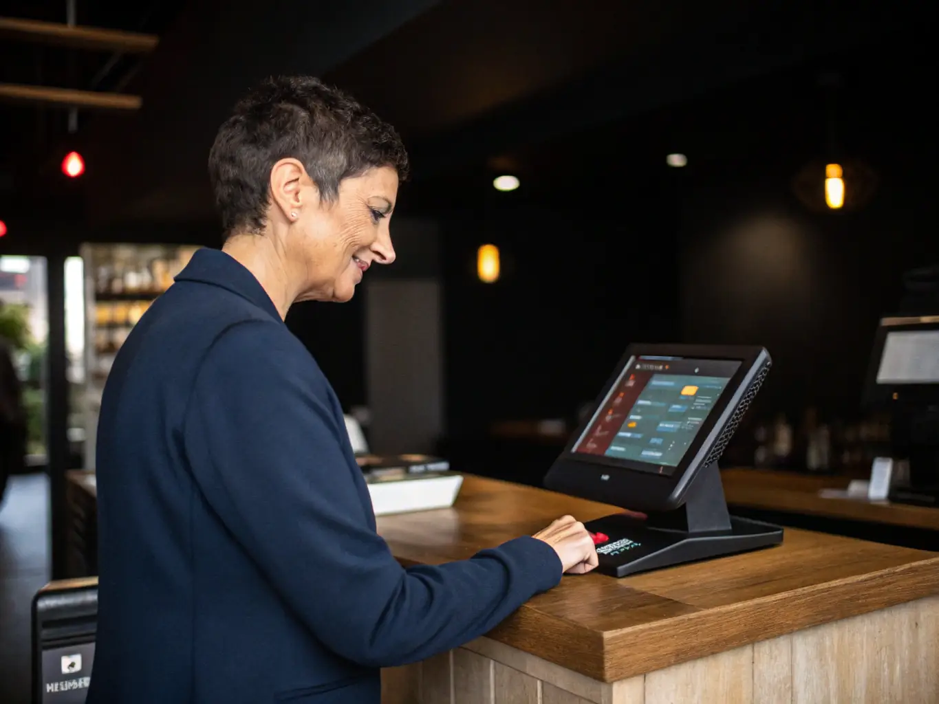 A professional businessman is confidently using a credit card terminal in his store, processing a customer's payment with a seamless transaction, showcasing the efficiency of EpaymentAmerica's card processing services.