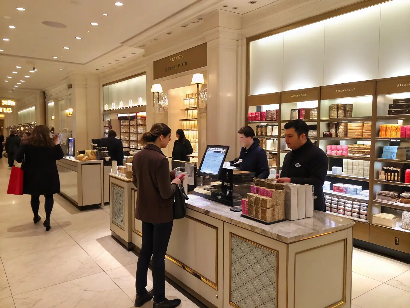 A professional merchant using a PaymentTech terminal to process a customer's credit card in a busy retail environment, showcasing the ease and efficiency of PaymentTech's card processing solutions.