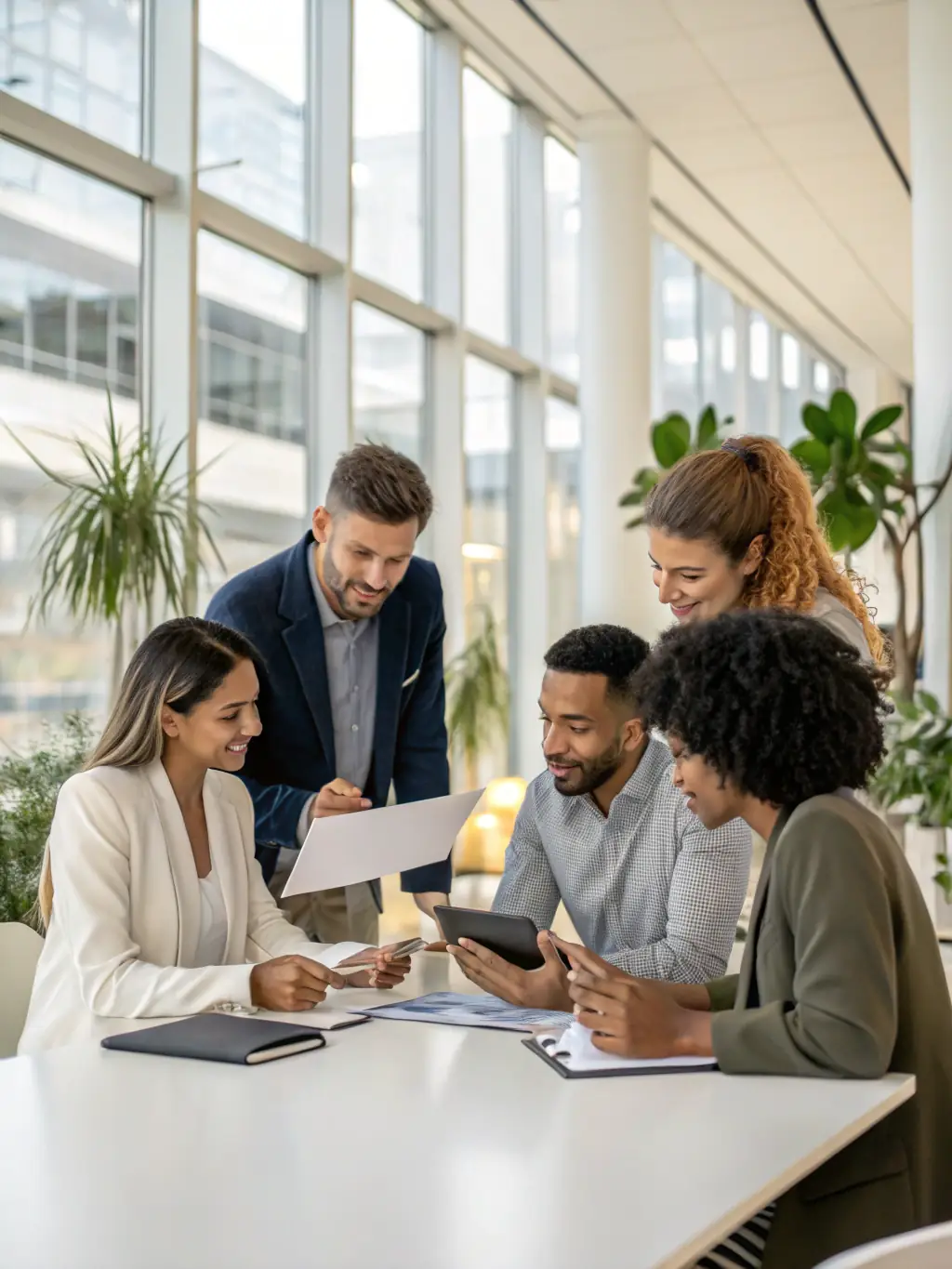 A professional photo of a diverse team collaborating on financial solutions in a modern office setting, representing NMI's commitment to innovation.